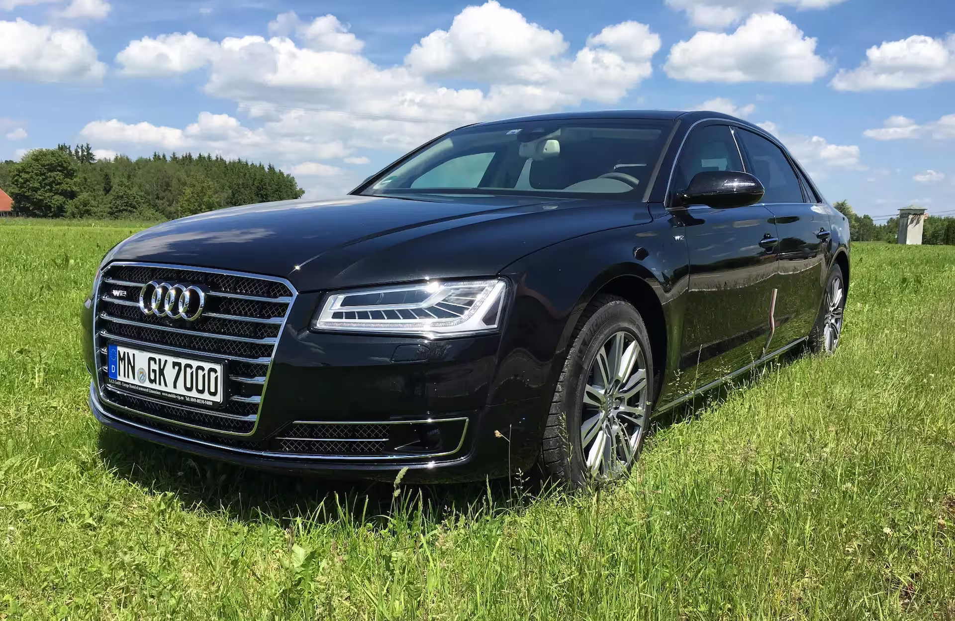 Schwarze gepanzerte Limousine auf einer Wiese unter blauem Himmel mit Wolken. Das Fahrzeug steht für diskrete, sichere und komfortable VIP-Transporte mit höchsten Sicherheitsstandards.