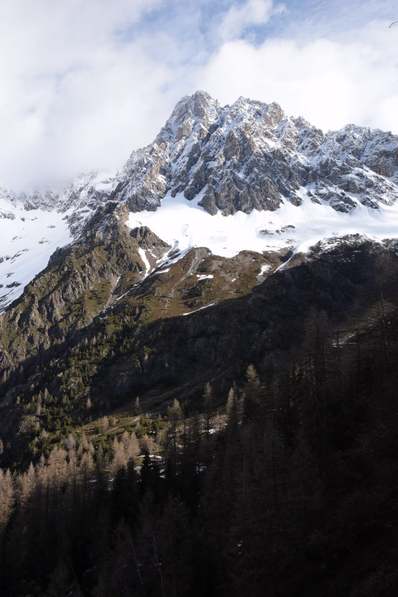 Schneebedeckter Felsgipfel unter Wolken, darunter ein Hang mit Lärchen und Nadelwald im Schatten.