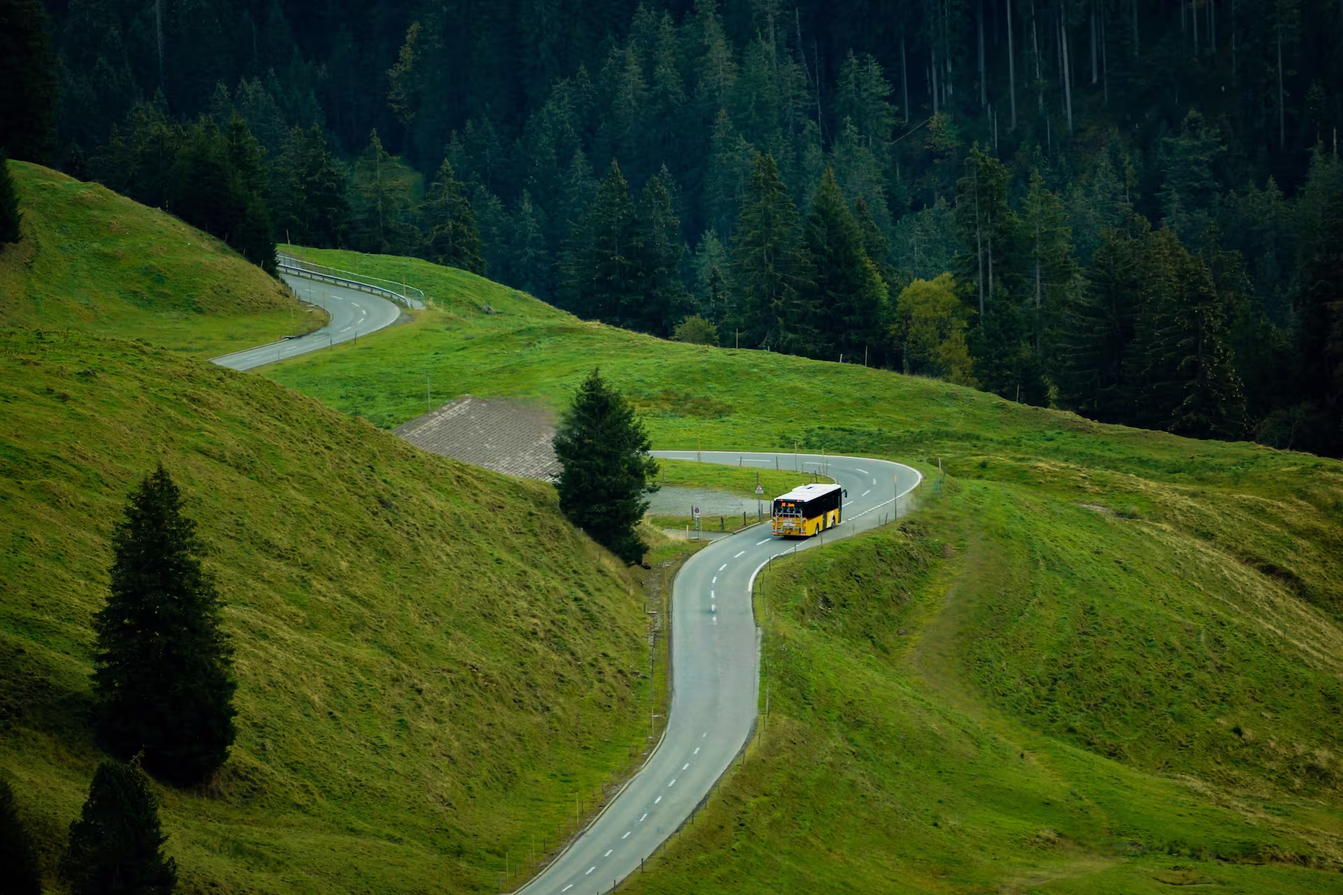 Serpentinenstraße durch grüne Almwiesen und Nadelwald in den Alpen, auf der ein gelber Linienbus fährt.