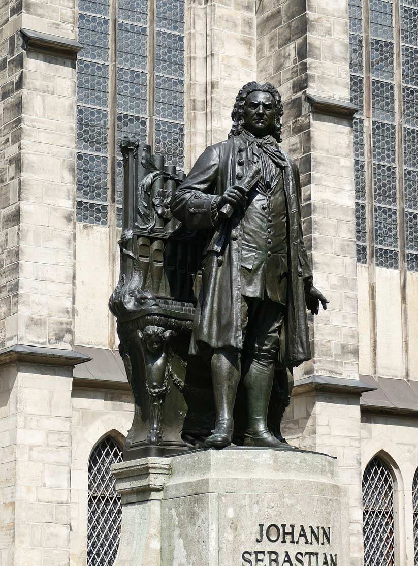 Statue von Johann Sebastian Bach vor der Thomaskirche in Leipzig, mit historischer Kirchenfassade und hohen Fenstern im Hintergrund.