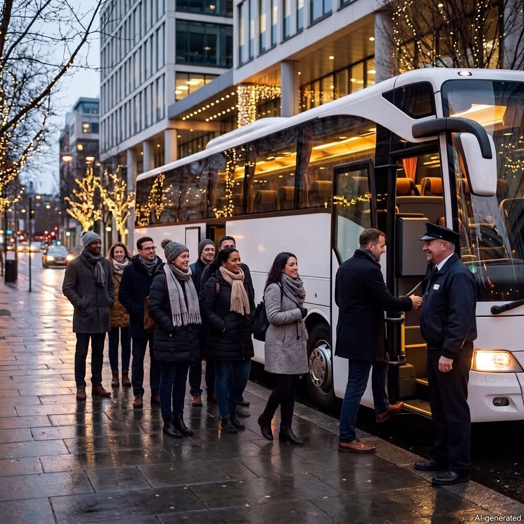 Mitarbeitende steigen am Abend in einen Reisebus zur Firmen-Weihnachtsfeier